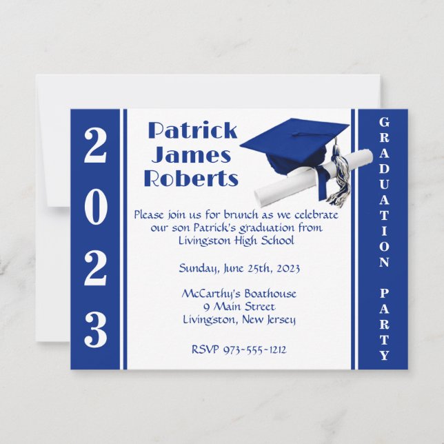 Cap & Diploma, Royal Blue Graduation Invitation (Front)