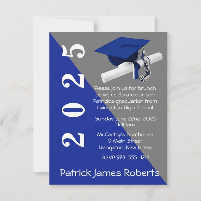 Cap & Diploma, Royal Blue & Gray Graduation Invitation (Front)