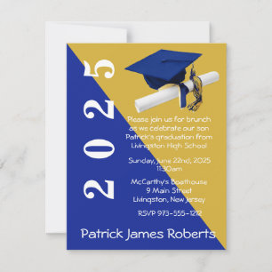 Cap & Diploma, Royal Blue Metallic Gold Graduation Invitation