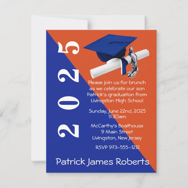 Cap & Diploma, Royal Blue & Orange Graduation Invitation (Front)