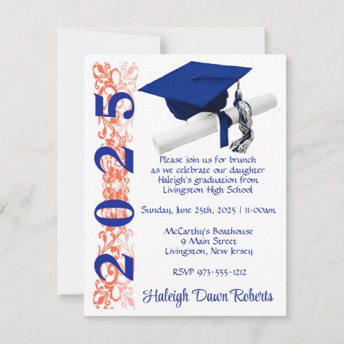 Cap  Diploma Royal Blue  Orange Graduation Invitation