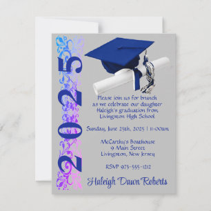 Cap & Diploma, Royal Blue & Purple Hue Graduation Invitation