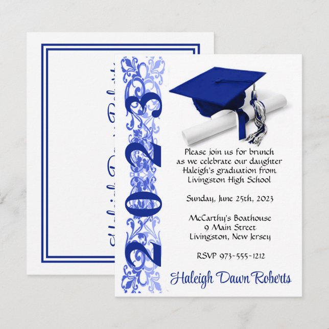 Cap & Diploma, Royal Blue & White Graduation Invitation (Front/Back)