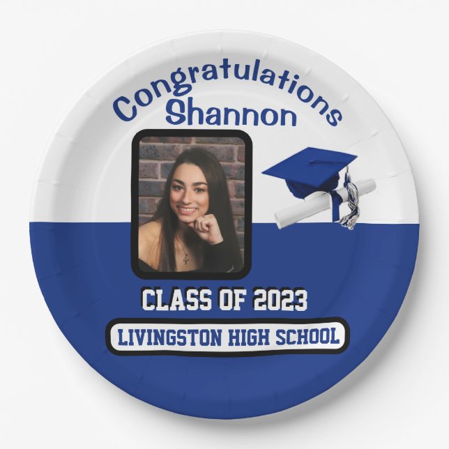 Cap & Diploma, Royal Blue & White Graduation Paper Plates (Front)