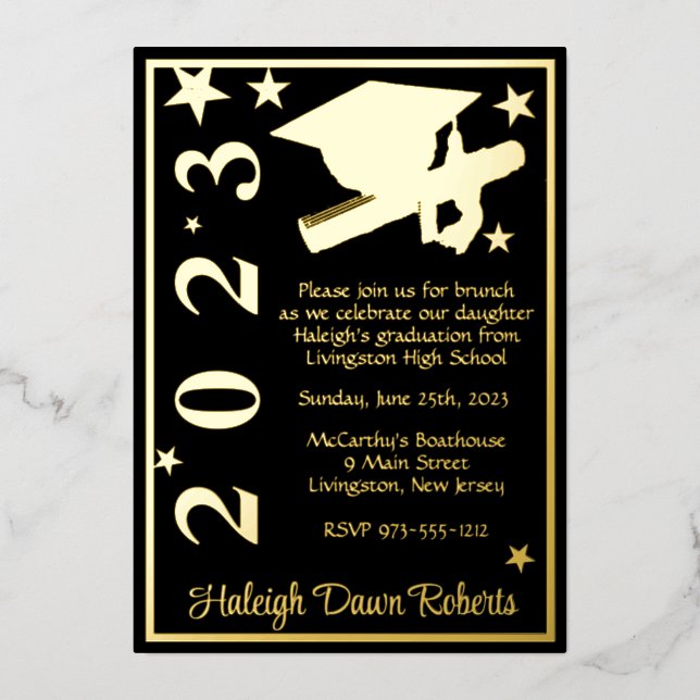 Cap, Diploma, Stars Black & Gold Graduation Foil Invitation (Front)