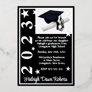 Cap, Diploma, & Stars, Black & Silver Graduation F Foil Invitation