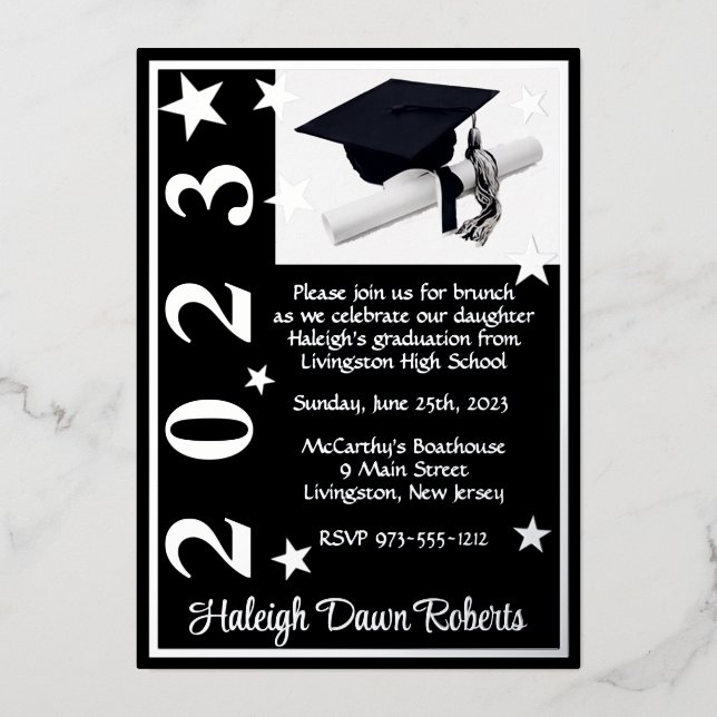 Cap, Diploma, & Stars, Black & Silver Graduation F Foil Invitation (Front)