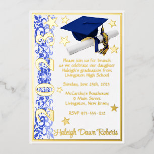 Cap, Diploma, & Stars, Blue, White, Graduation Foil Invitation
