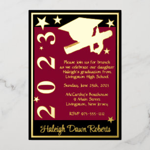 Cap, Diploma, & Stars, Cardinal Red, Black, & Gold Foil Invitation