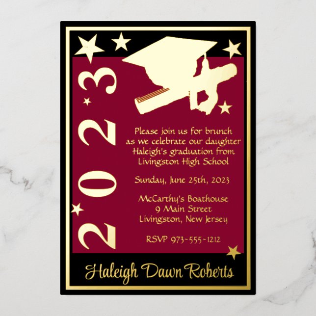 Cap, Diploma, & Stars, Cardinal Red, Black, & Gold Foil Invitation (Front)