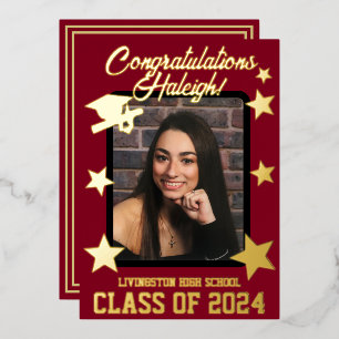 Cap Diploma & Stars Cardinal Red & Gold Graduation Foil Invitation