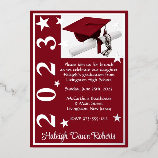 Cap, Diploma, & Stars,  Cardinal Red Graduation Fo Foil Invitation (Front)