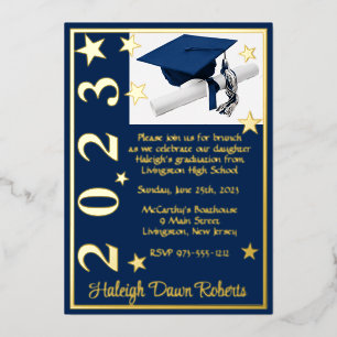 Cap, Diploma, & Stars, Dark Blue & Gold Graduation Foil Invitation