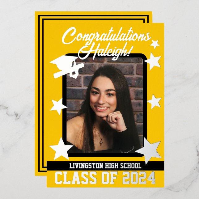 Cap, Diploma, & Stars, Gold & Black Graduation Foil Invitation (Front/Back)