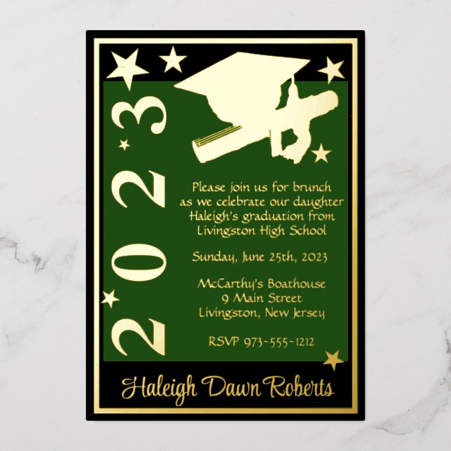 Cap, Diploma, & Stars, Green, Black, & Gold Foil Invitation (Front)