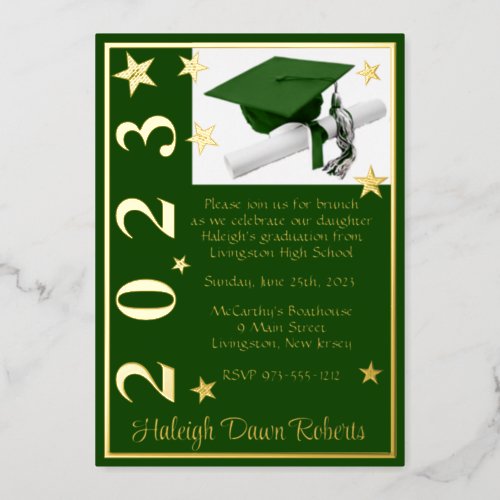 Cap Diploma  Stars Green  Gold Graduation Foil Invitation