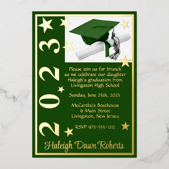 Cap, Diploma, & Stars, Green & Gold Graduation Foil Invitation (Front)