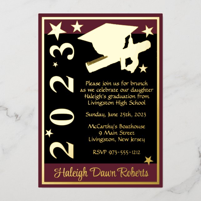 Cap, Diploma, & Stars, Maroon, Black, & Gold Foil Invitation (Front)