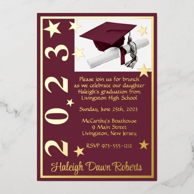 Cap, Diploma, & Stars,  Maroon & White Graduation Foil Invitation (Front)