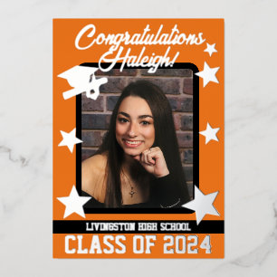 Cap, Diploma, & Stars, Orange & Black Graduation Foil Invitation
