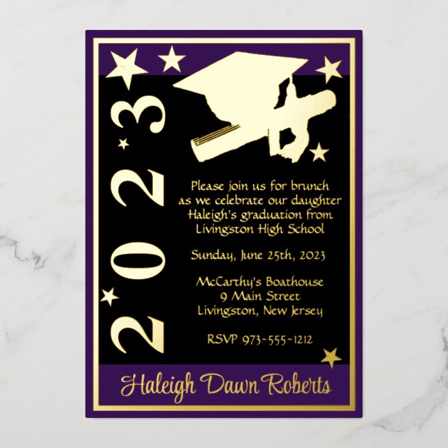 Cap, Diploma, & Stars, Purple, Black, & Gold Foil Invitation (Front)
