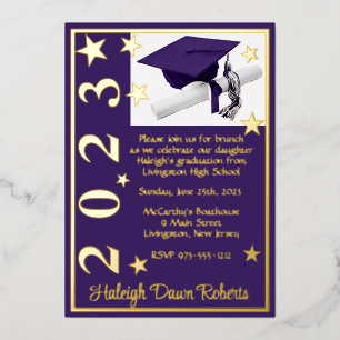 Cap, Diploma, & Stars, Purple & Gold Graduation Foil Invitation