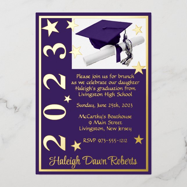 Cap, Diploma, & Stars, Purple & Gold Graduation Foil Invitation (Front)