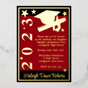 Cap, Diploma, & Stars, Red, Black, & Gold Foil Invitation