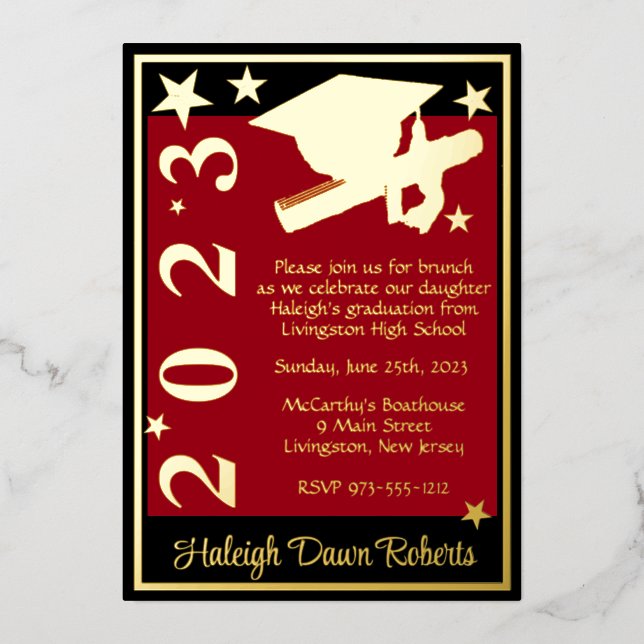 Cap, Diploma, & Stars, Red, Black, & Gold Foil Invitation (Front)