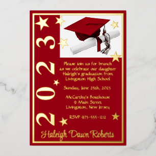 Cap, Diploma, & Stars, Red & Gold Graduation Foil Invitation