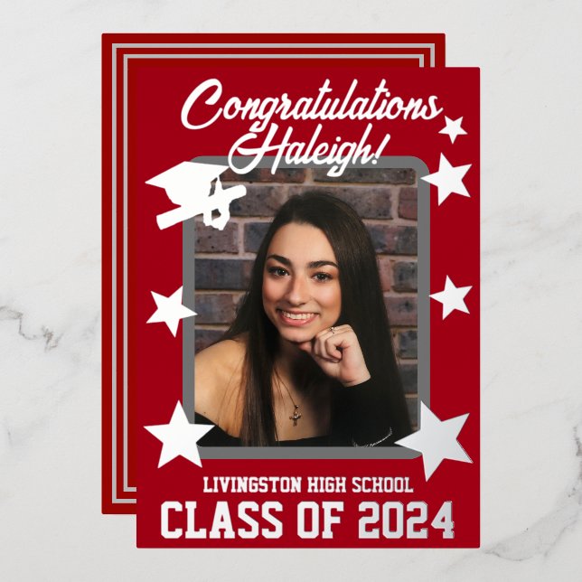 Cap Diploma & Stars Red & Silver Graduation Foil Invitation (Front/Back)