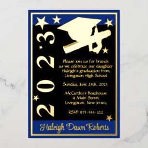 Cap, Diploma, & Stars, Royal Blue, Black, & Gold Foil Invitation