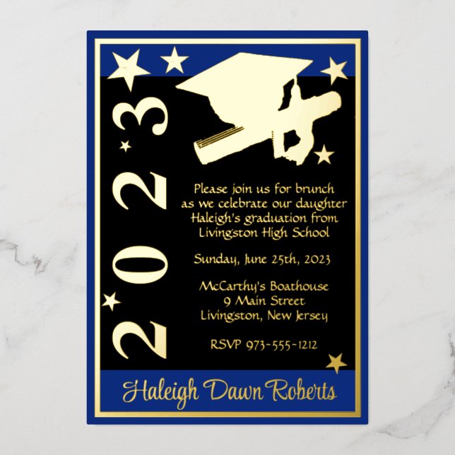 Cap, Diploma, & Stars, Royal Blue, Black, & Gold Foil Invitation (Front)