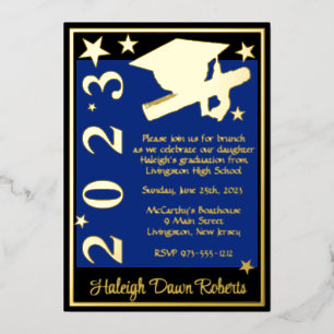 Cap, Diploma, & Stars, Royal Blue, Black, & Gold Foil Invitation