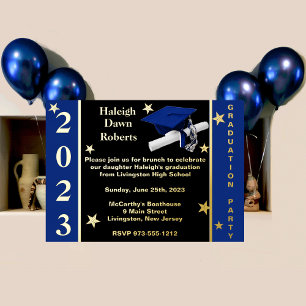 Cap, Diploma, & Stars, Royal Blue, Black, & Gold Foil Invitation