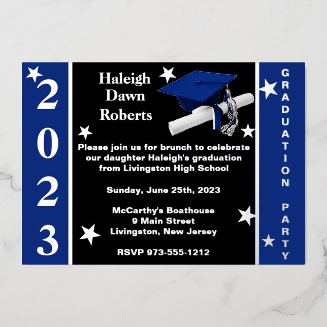 Cap, Diploma, & Stars, Royal Blue, Black, & Silver Foil Invitation (Front)