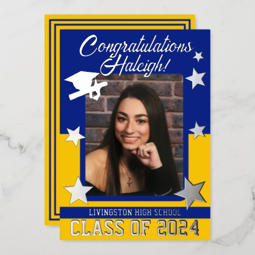 Cap Diploma Stars Royal Blue  Gold Graduation Foil Invitation