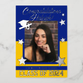 Cap, Diploma, Stars, Royal Blue & Gold Graduation Foil Invitation (Front)