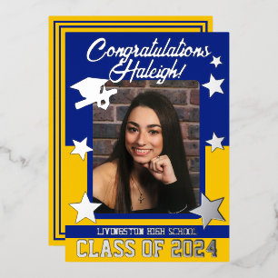 Cap, Diploma, Stars, Royal Blue & Gold Graduation Foil Invitation