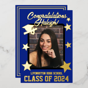 Cap, Diploma & Stars, Royal Blue & Gold Graduation Foil Invitation