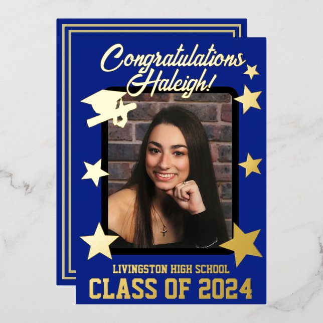 Cap, Diploma & Stars, Royal Blue & Gold Graduation Foil Invitation (Front/Back)