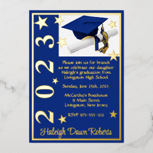 Cap, Diploma & Stars, Royal Blue & Gold Graduation Foil Invitation