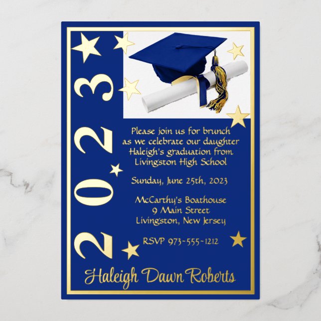 Cap, Diploma & Stars, Royal Blue & Gold Graduation Foil Invitation (Front)