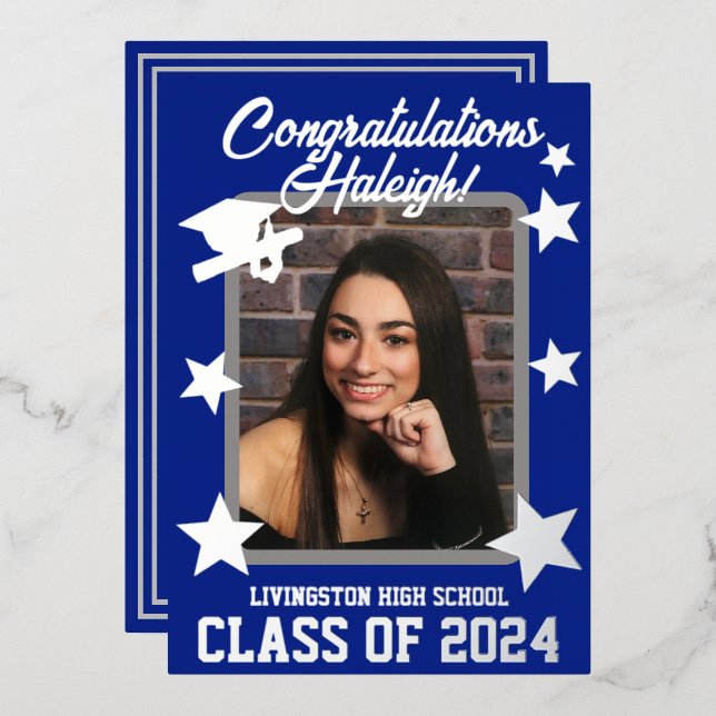 Cap, Diploma, Stars Royal Blue & Silver Graduation Foil Invitation (Front/Back)