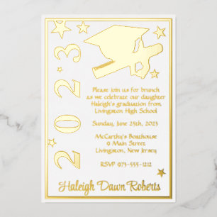 Cap, Diploma, Stars White & Gold Graduation Foil Invitation