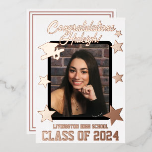 Cap, Diploma & Stars, White & Rose Gold Graduation Foil Invitation