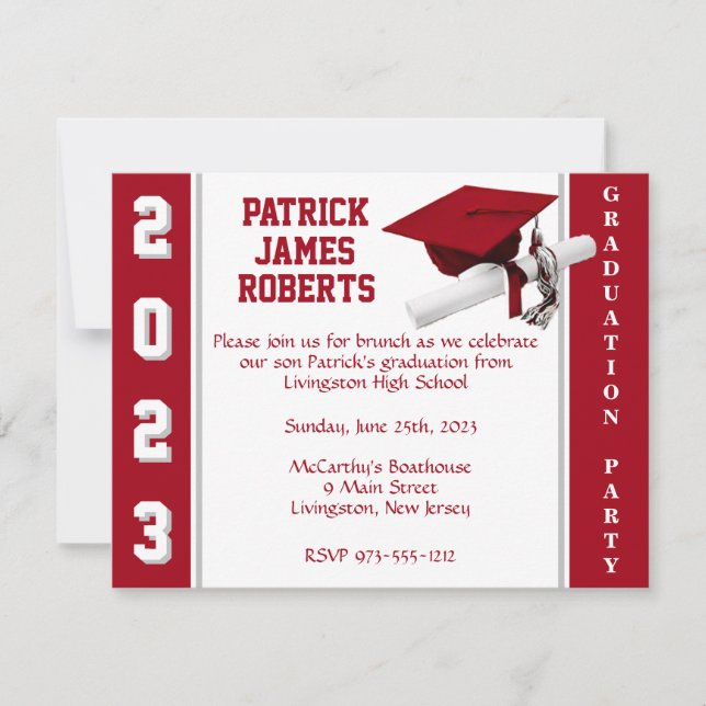 Cap & Diploma Varsity Red & Gray Graduation Invitation (Front)