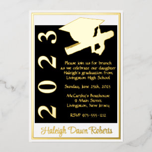 Cap & Diploma, White, Black & Gold Graduation Foil Invitation