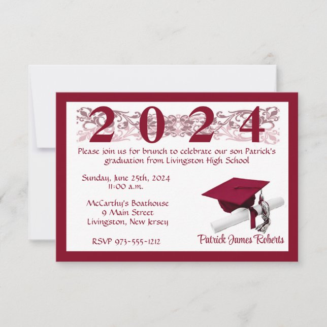 Cap & Diploma, White & Cardinal Red Graduation Invitation (Front)