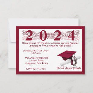 Cap & Diploma, White & Cardinal Red Graduation Invitation